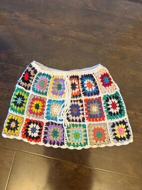 Handmade Multicolor Crochet Square Mini Skirt